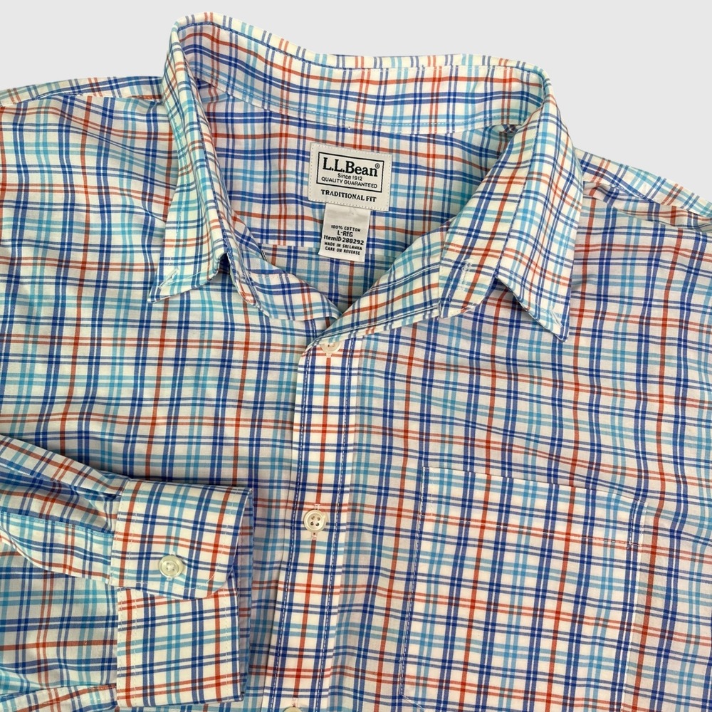 LL Bean Men's Large Plaid Button Down Shirt Blue Orange Traditional Fit